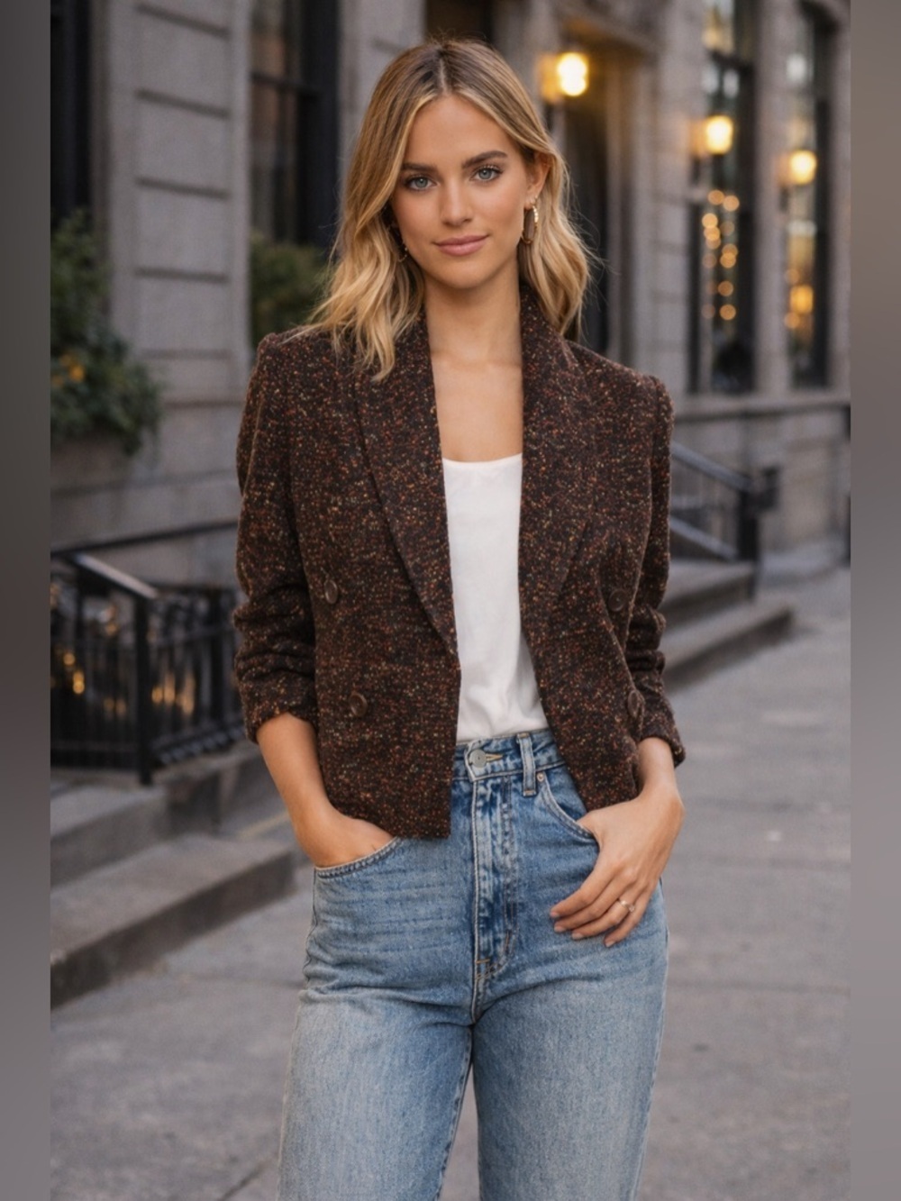 Anine Bing Brown Tweed Metallic Blazer M Cropped Double Breasted Designer